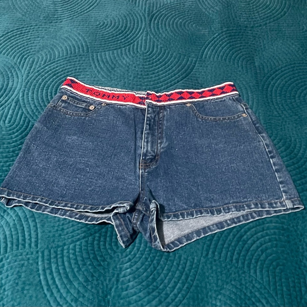 Tommy Hilfiger Women's Jean Shorts with Red Beaded Waistband- 8